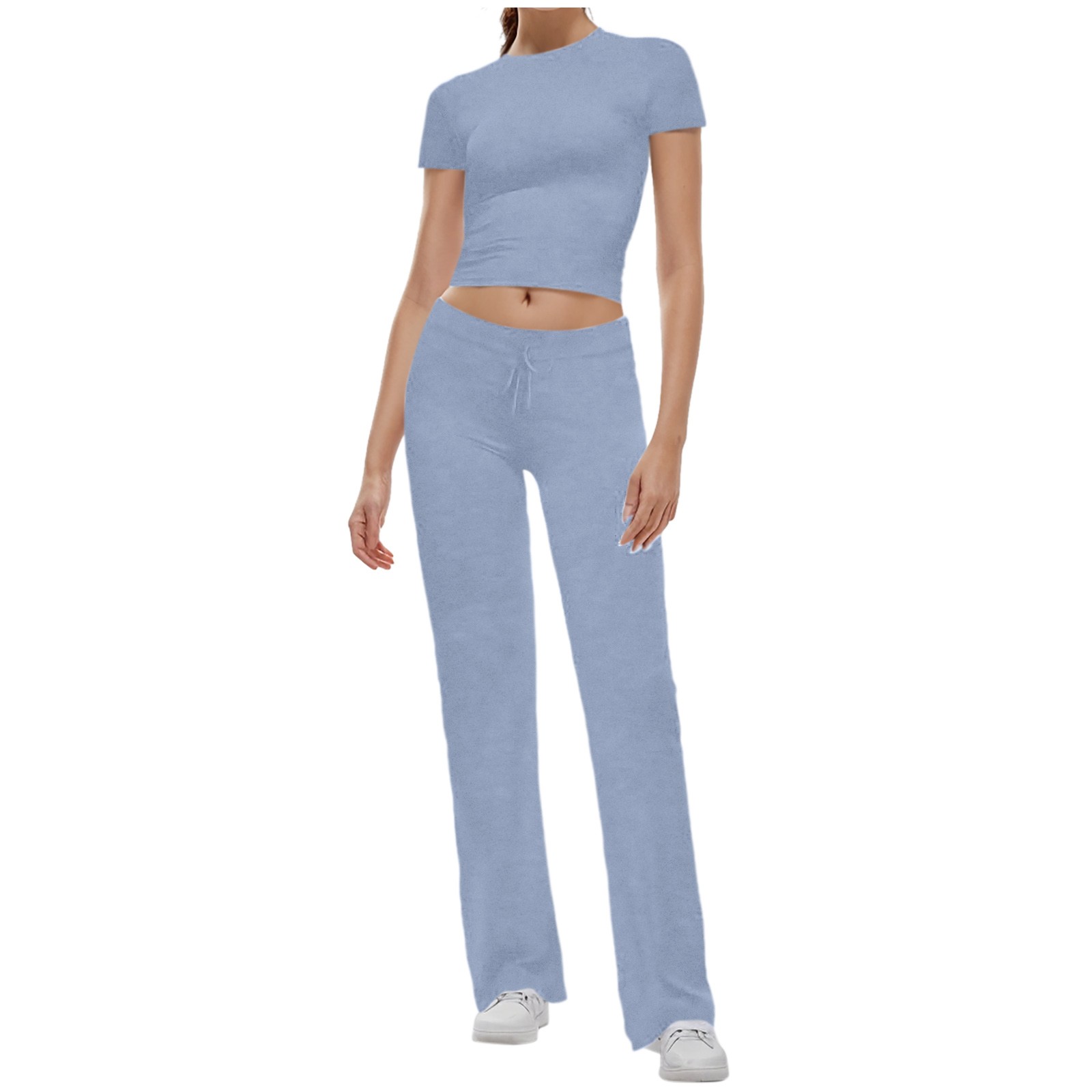 thumbnail image 1 of Conjunto de 2 piezas para mujer: top corto de manga corta y pantalones rectos, estilo deportivo informal, tallas reales para primavera/verano, 1 of 6